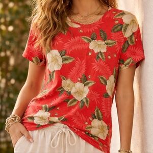 Caribbean Joe Red/Coral Tropical Hibiscus Tee, L, Vacation, Resort, Hawaiian